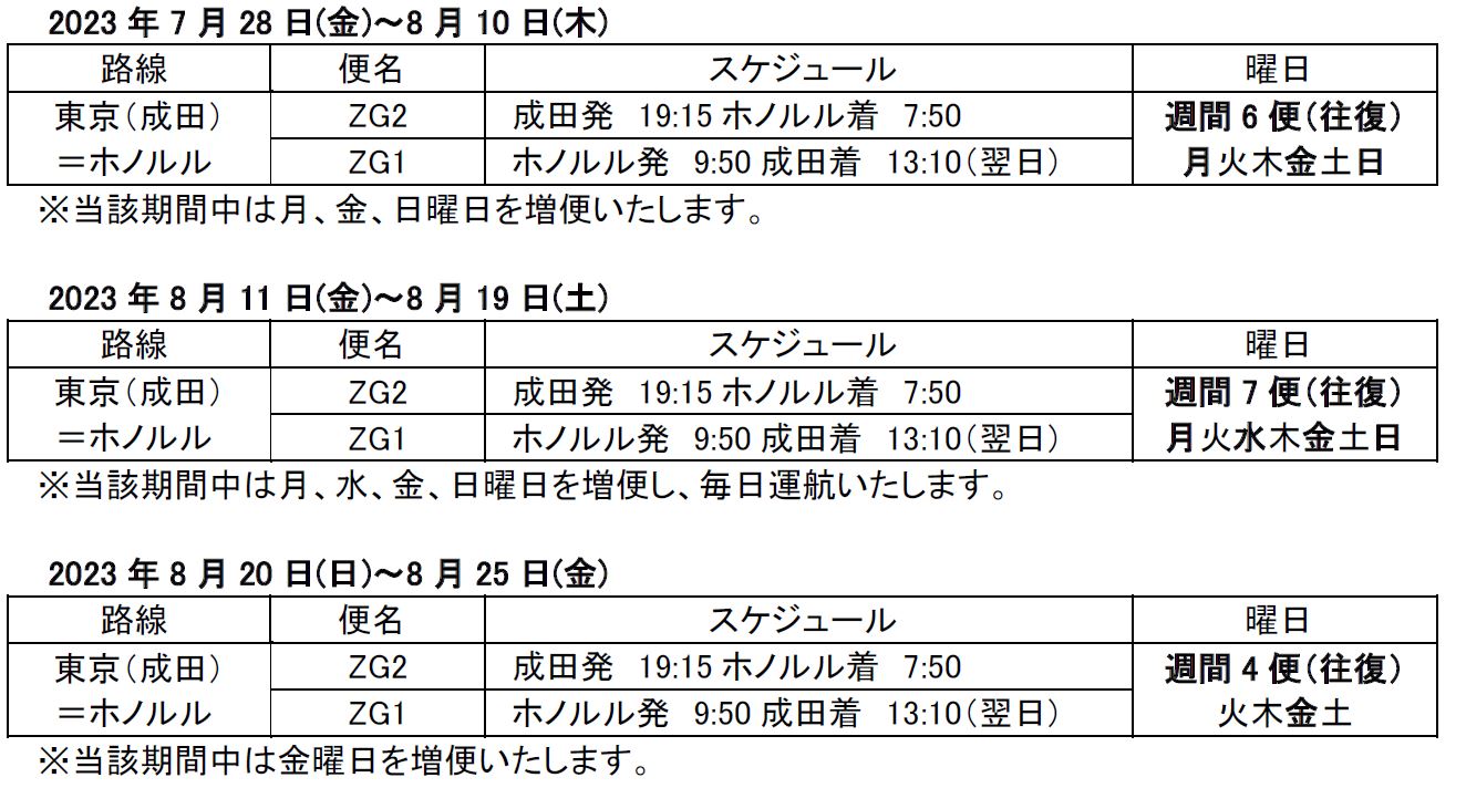 夏休み期間の東京(成田)＝ホノルル線増便！ | ZIPAIR公式サイト