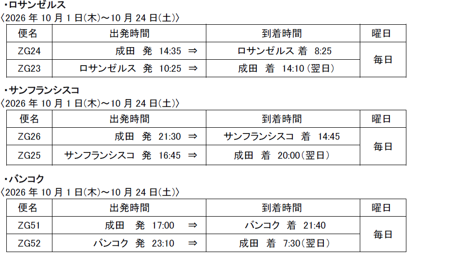 ロサンゼルス、サンフランシスコ、 およびバンコク線(2026 年10月1日